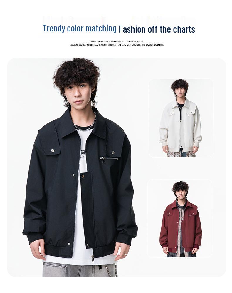 Men's Versatile Lapel Bomber Jacket - Spring & Fall Solid Color Casual Workwear