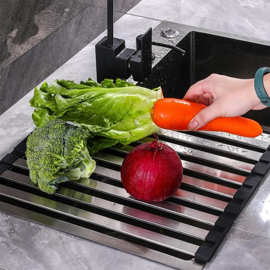 Foldable Sink Drying Rack Detachable Metal Tube Drying Rack with Silicone Cuttable Edge Dish Drying Rack for Kitchen Countertop