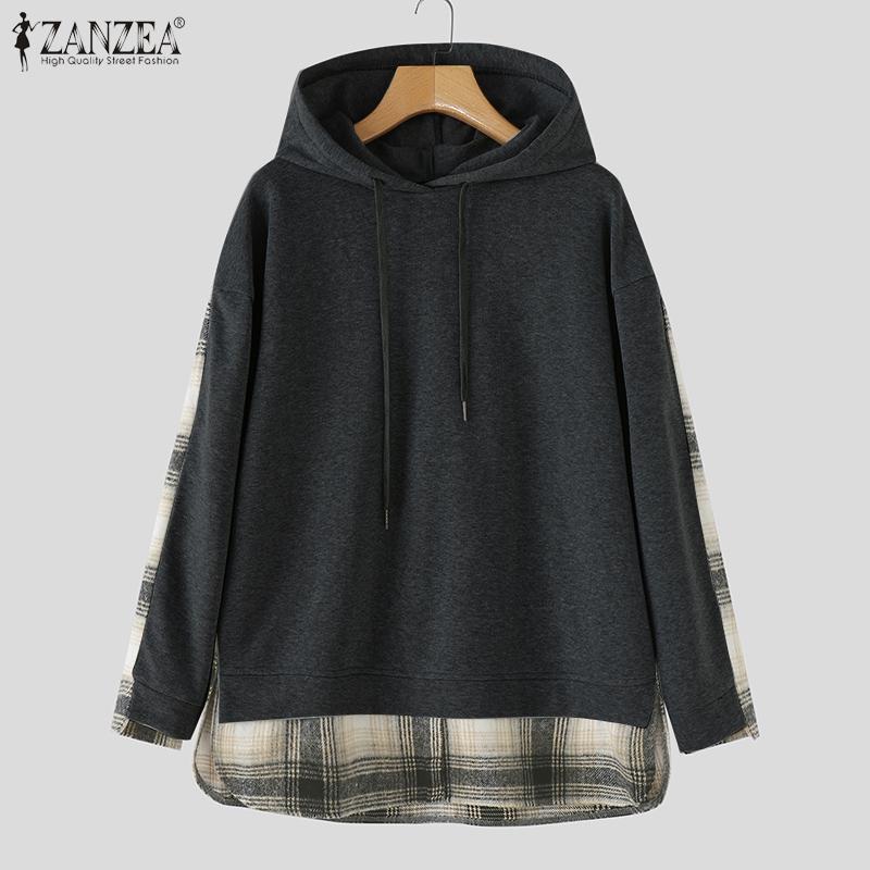 ZANZEA Women Casual Grid Print Patchwork Loose Long Sleeve Hoodies Pullover