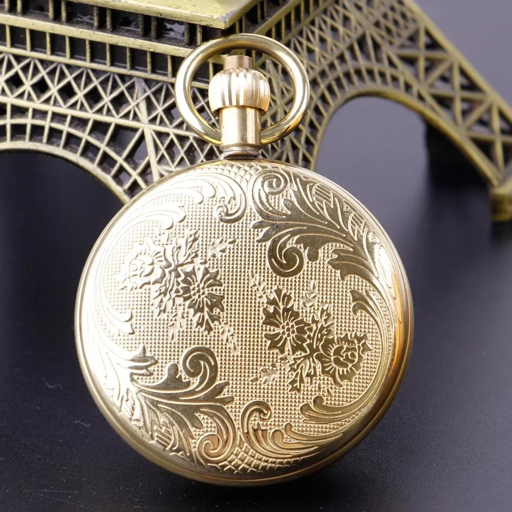 PJX070 NEW Golden Pure Copper Mechanical Pocket Watch Roman Numerals Open Face Sub-dials Moon-phase Pocket Clock with Chain