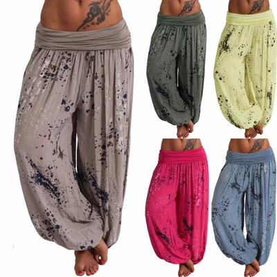 Damen Casual Boho Print Hose Weites Bein Hose Lockere Hosen mit Taschen und Knöpfen