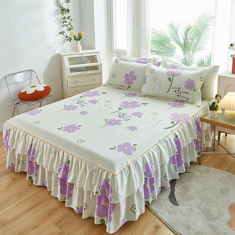 3pcs Modern Korean Floral Bed Skirt Set with Lotus Leaf Embellishments and Princess Floral Pattern, All-Season Brushed Light Beige-Friendly Bedding
