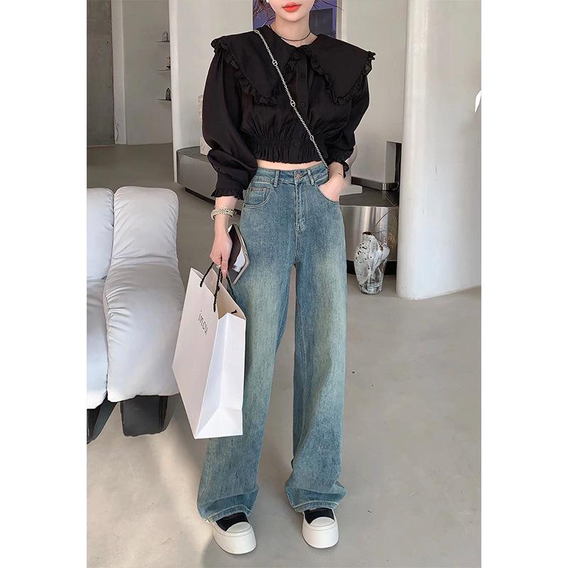 Retro Blue Pear-Shaped Straight-Leg Women s Wide-Leg Jeans, Slimming and Floor-Length for Spring/Summer L