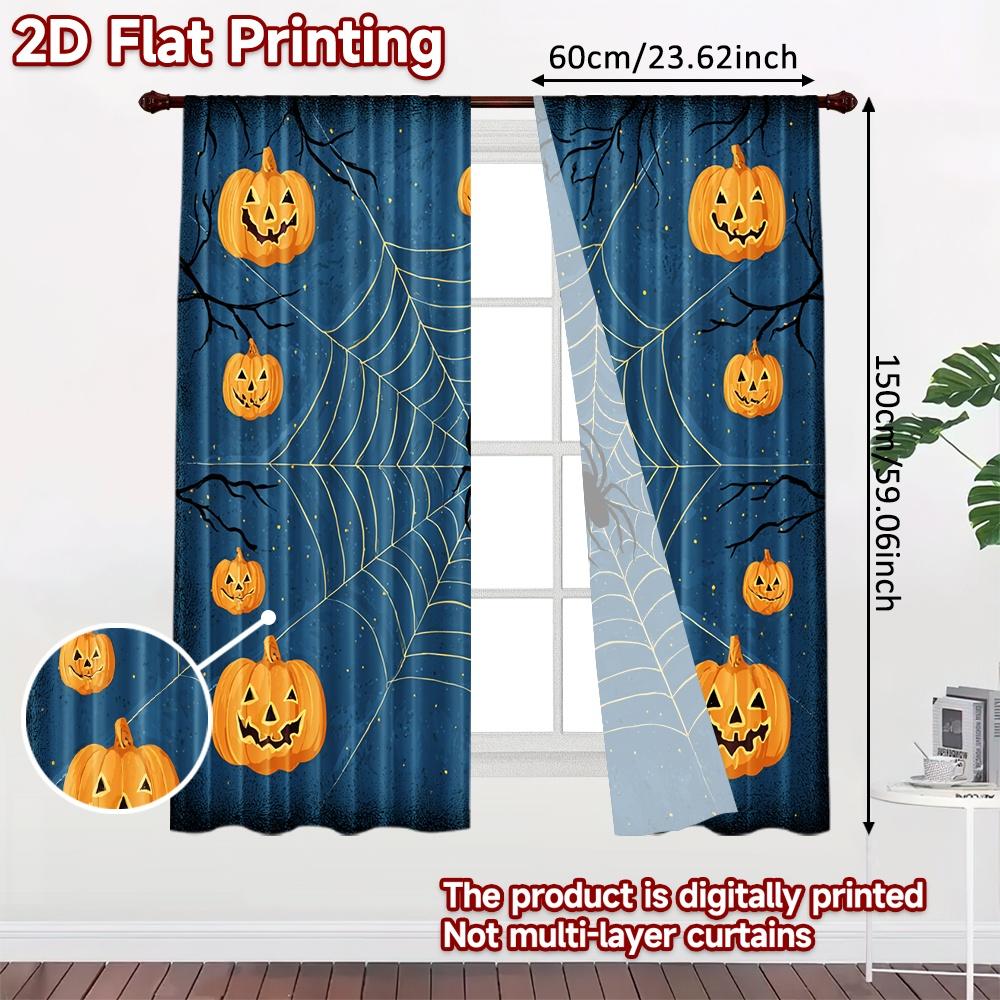 2D FLAT PRINTING 2pcs Curtains (Without Rod) Halloween Night with Spider and Pumpkins Easter Festival Creative Curtains