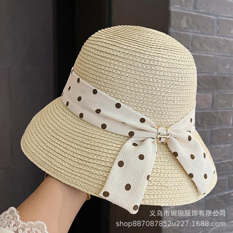 Polka Dot Bow Ribbon Straw Hat Women's Summer Big Eaves Straw Sun Hat Retro Sunscreen Seaside Beach Hat