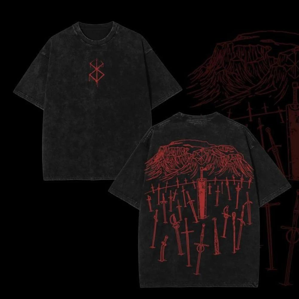 Berserk Guts (Black Swordsman) & Brand of Sacrifice Vintage Washed Double-Sided Anime T-Shirt, Unisex Dark Fantasy Manga Fan Streetwear Tee