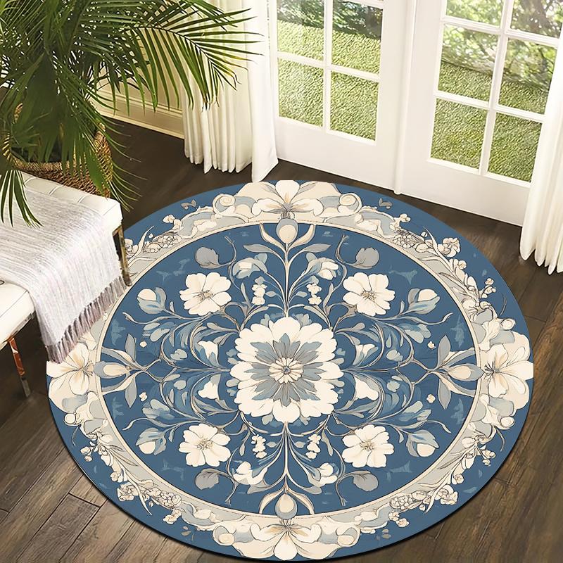 Blue and white checkered Flannel-printed round floor mats are slip-resistant Suitable for living bedroom terrace garden carpets