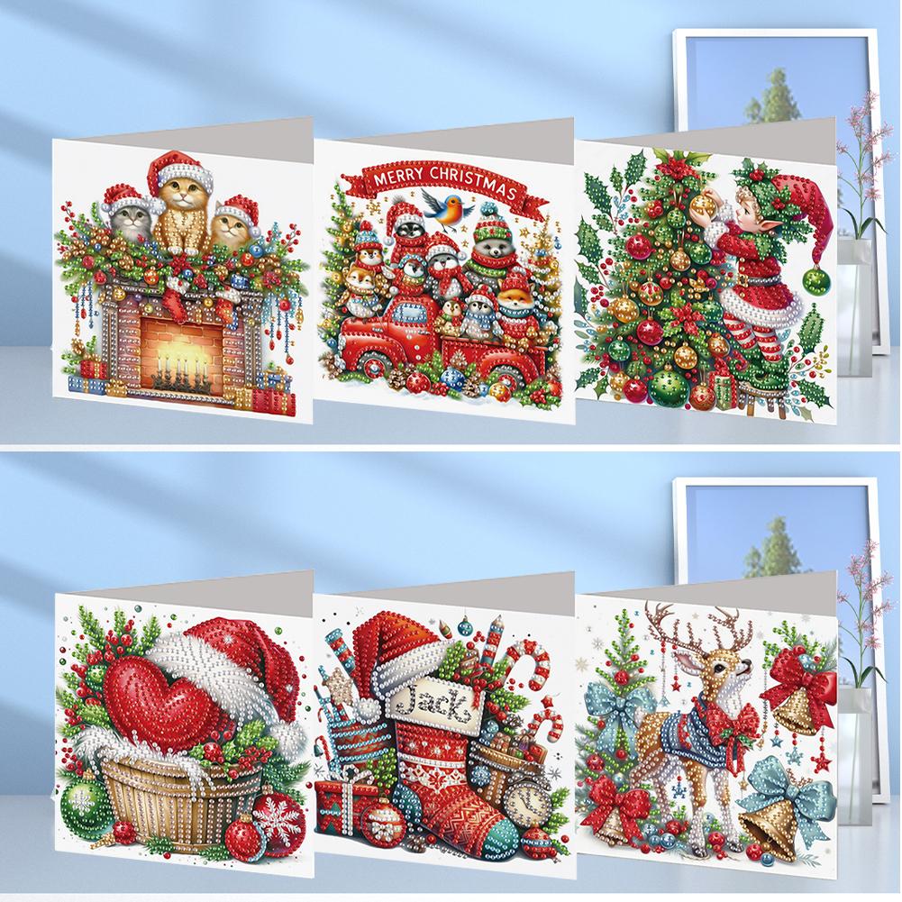 6PCS DIY Diamond Painting Christmas Snowman Cottage Mosaic Postcard Xmas Theme Rhinestone Painting Flower Pattern Greeting Cards