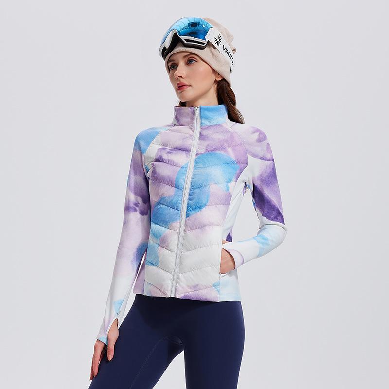 Three-proof sports down jacket women's outdoor running windproof and warm fitness top light and slim stand-up collar ribs jacket