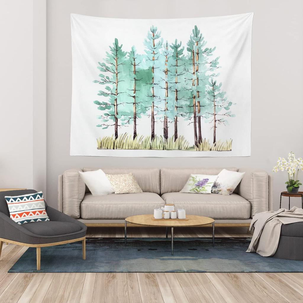 Navy Blue Watercolor Mountains Wall Tapestry, Sky Wall Hanging Large Tapestry Decoration Polyester Fiber White Hem Around for