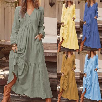 Women's Button Down Cotton Linen Vintage Casual Long Sleeve Dress