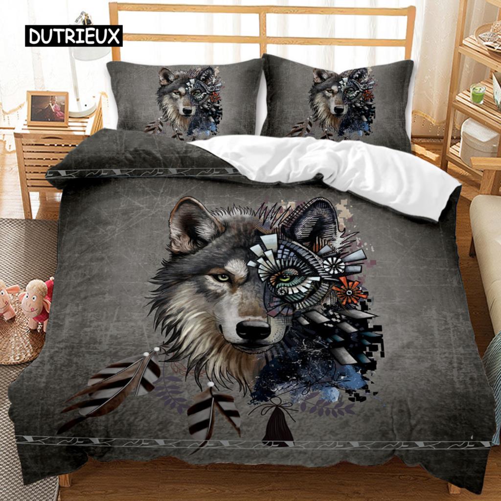 Wolf Bettbezug Set Tiermuster Bettwäsche Set Cooles Wildleben Bettdeckenbezug Kinder Glitzer Blau Wilder Wolf Polyester Quiltbezug