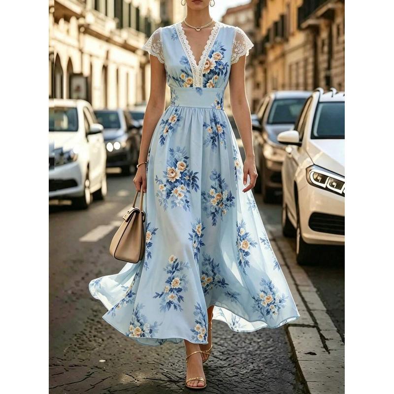 Europe, America 2026 summer new fashion temperament elegant casual lace splicing floral dress S синий