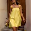 Women's Square Neck Spaghetti Strap Mini Dress Loose High Waist Solid Satin Casual Sundress