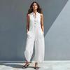 Summer Women's Cotton Linen Sleeveless Jumpsuit Button Up Stand Collar Loose One Piece Overalls Wide Leg Long Pants Rompers with Pockets
