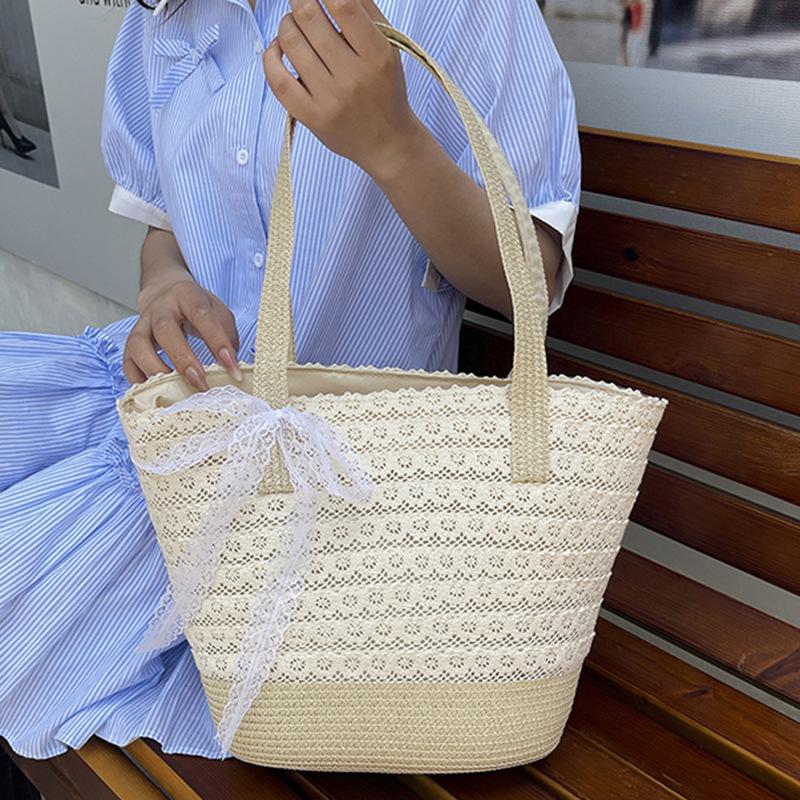 Holiday Straw Bag Lace Woven Bag Large Capacity Tote Bag Women's Spring and Summer New Seaside Shoulder Bag Summer Beach Tote Handbag