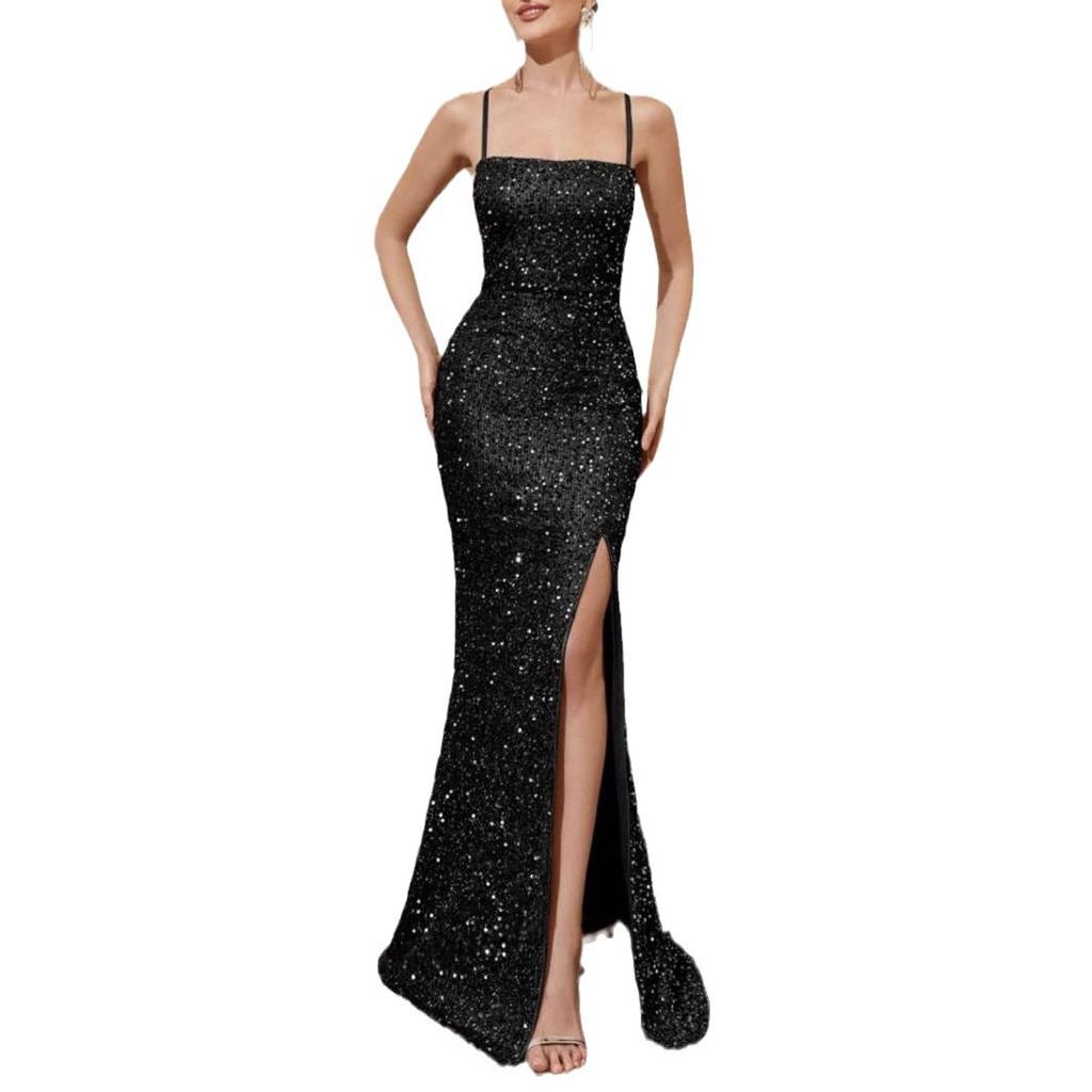 Summer New European and American Women's Clothing High-waisted Sexy Fashion Dress Suspender Sequined Split Dress