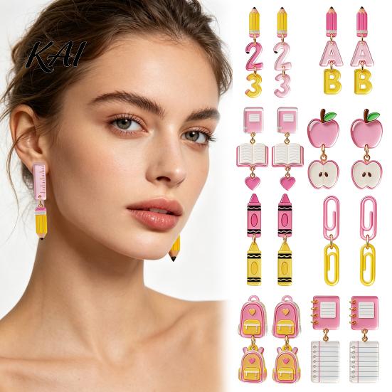 Fun Back to School Jewelry 1 Pair Teacher Earrings for Women, Cute 2D Acrylic Crayon Pencil Backpack Dangle Number Alphabet Earrings, First