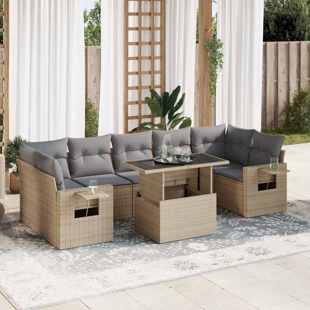 Vidaxl 8-Cz. Garden Furniture Set With Cushions, Beige, Poly Rattan