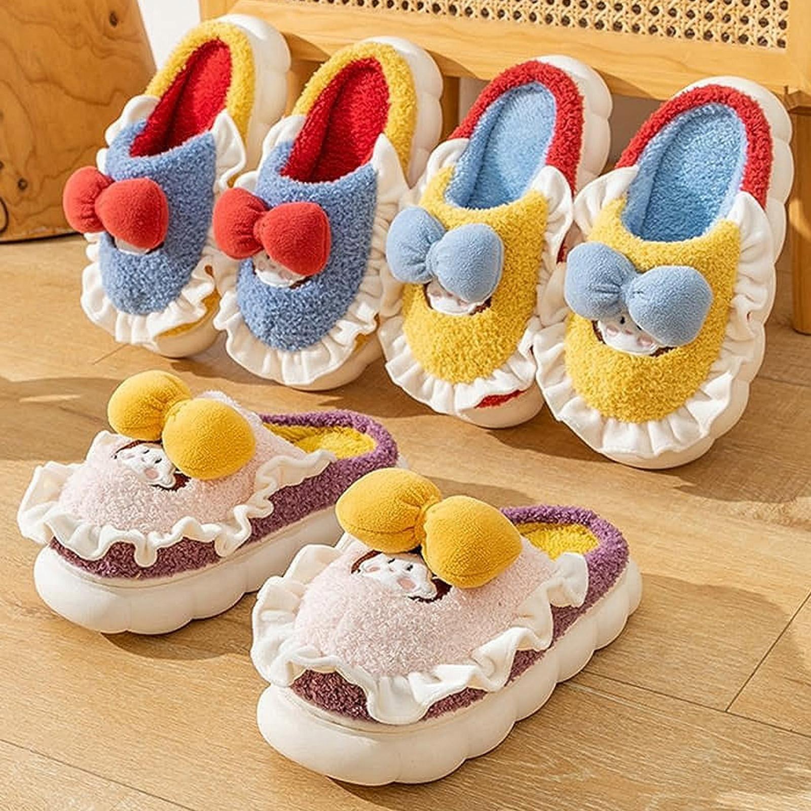 

Женские плюшевые тапочки с бантом и кружевом в стиле casual для дома в стиле color blocking