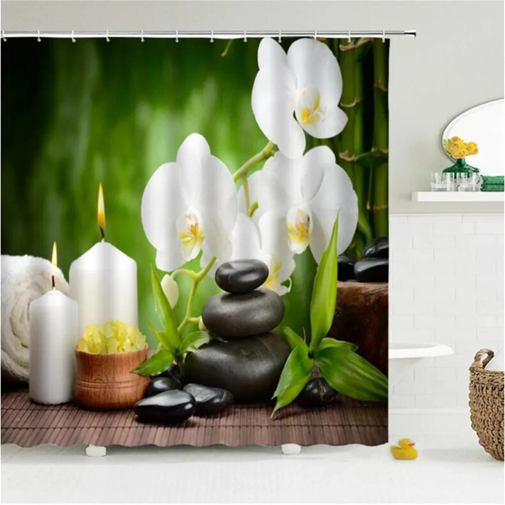 Zen Green Bamboo Shower Curtains Stone Buddha Lotus Candle Asian Japanese Spa Garden Scenery Bath Curtain Fabric Bathroom Decor