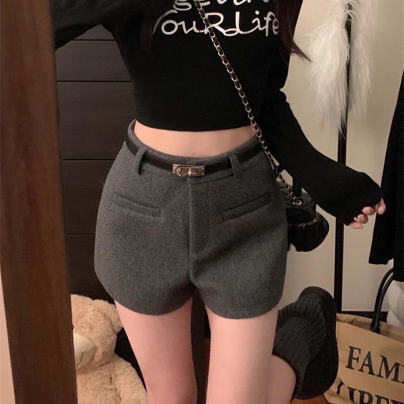 

2024 A/W Spicy Girl Woolen Grey A-Line Slimming Booty Shorts XL