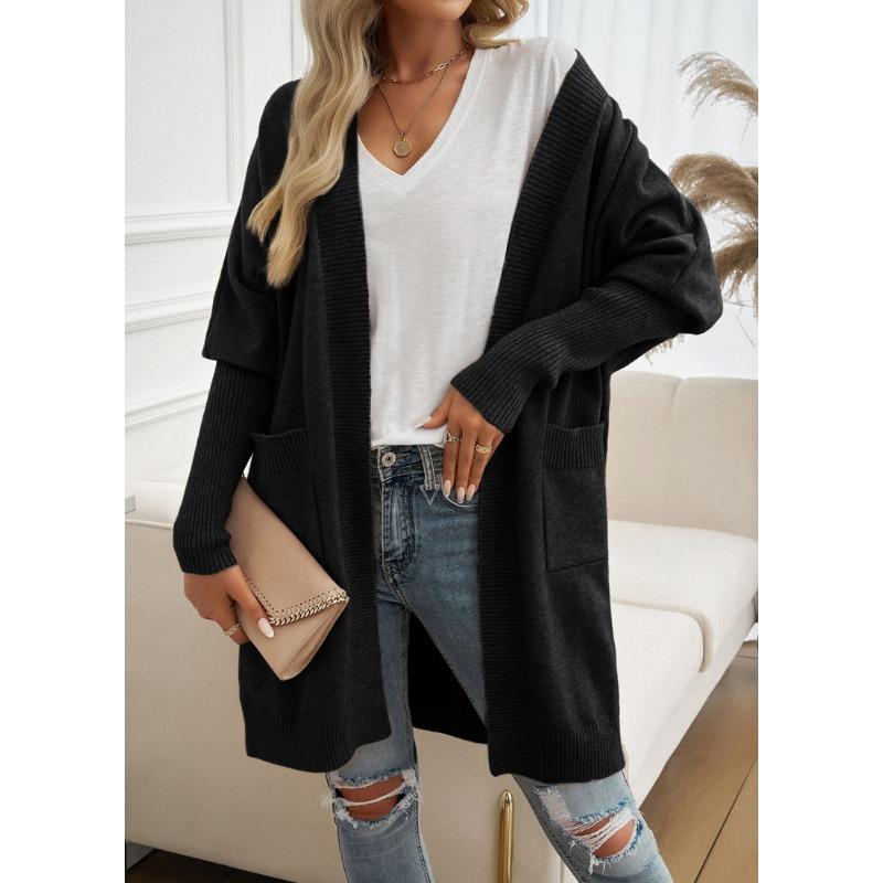 Women Bat Sleeve Cardigan Solid Color Knit Sweater Cardigan Coat