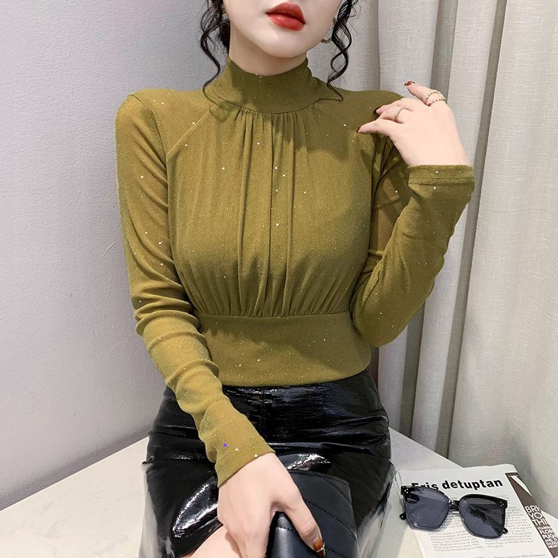 Fleece-in-warm Half-high Neck Base Shirt for Women's New Winter Long-sleeved T-shirt Fashionable Slim Body Shirt