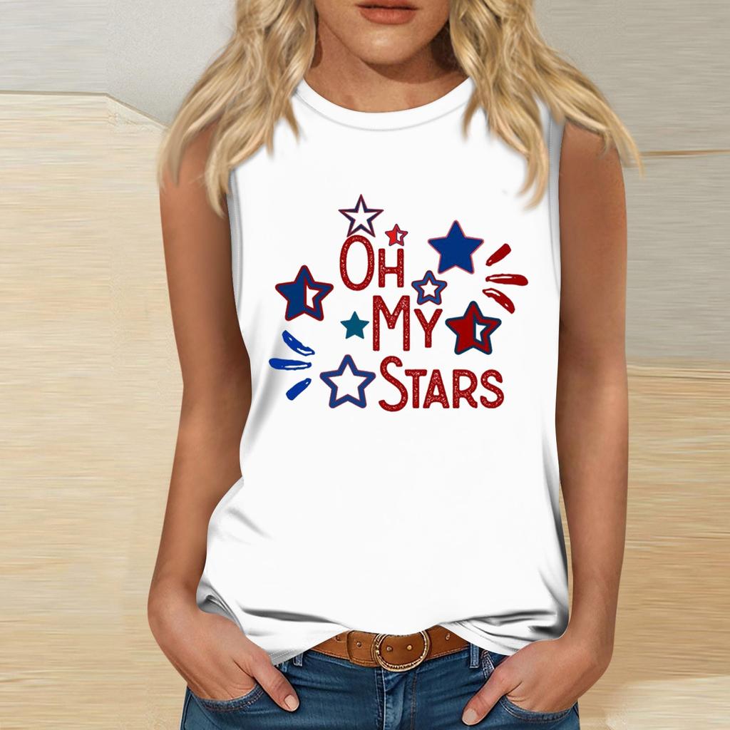 Damenmode Unabhängigkeitstag Print Rundhals Ärmellos T-Shirt Top