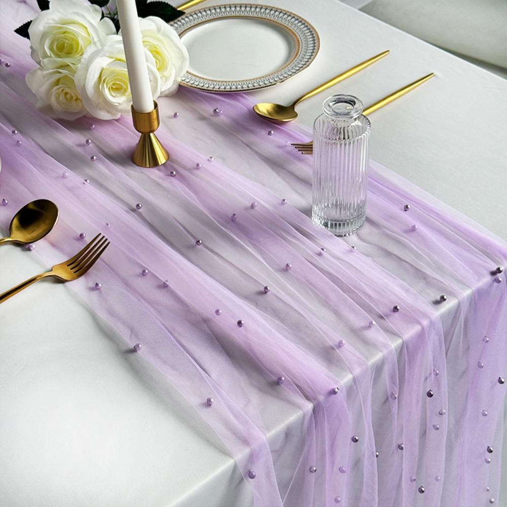 New 75x300CM Pearl Table Runner Tulle Bohemian Party Tablecloth Table Cloth Dessert Table Decor