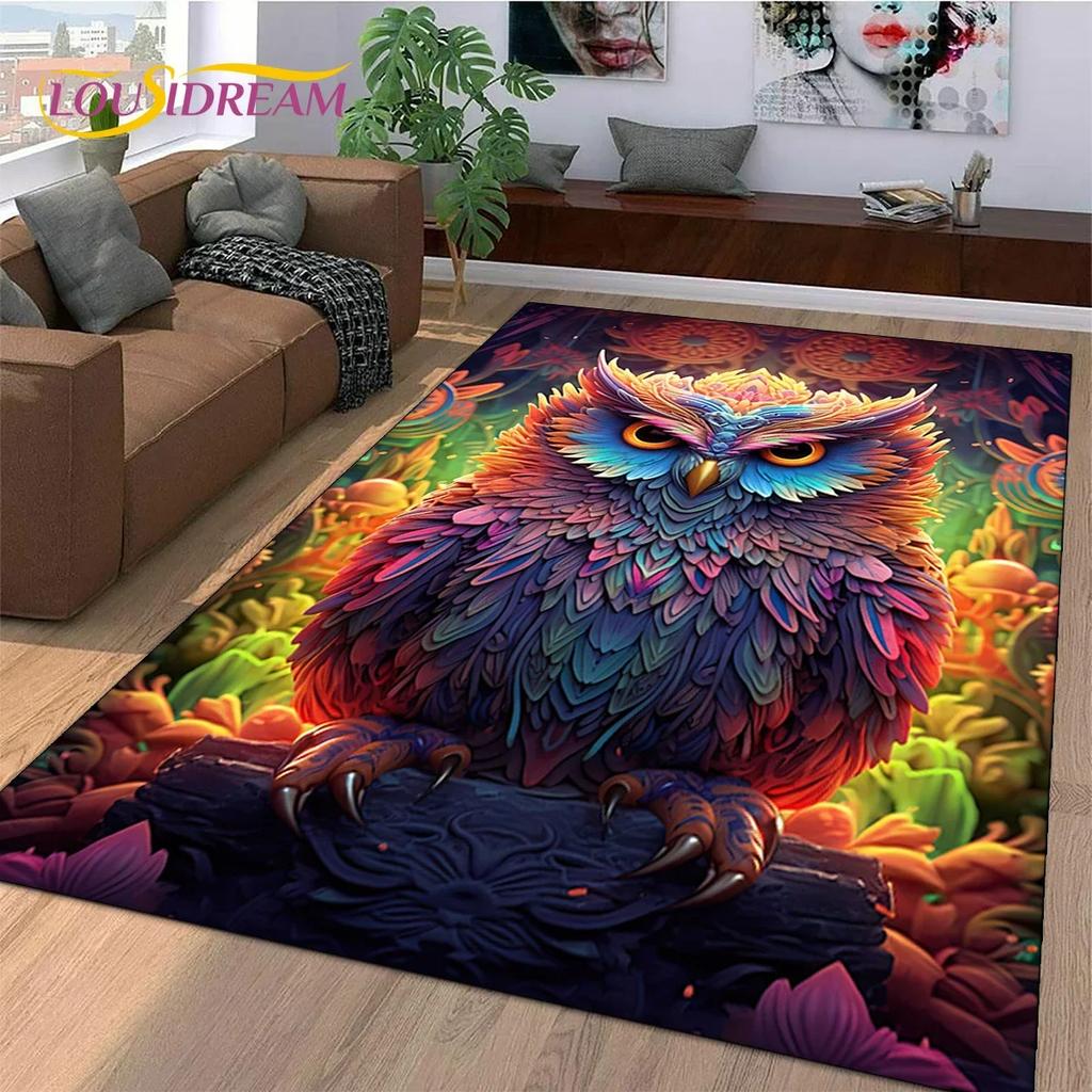 3D Süße Eule Adler Vögel Cartoon Teppich für Schlafzimmer Wohnzimmer Zuhause Sofa Dekoration, Kinderspiel Große Dekor Bodenmatte Geschenk