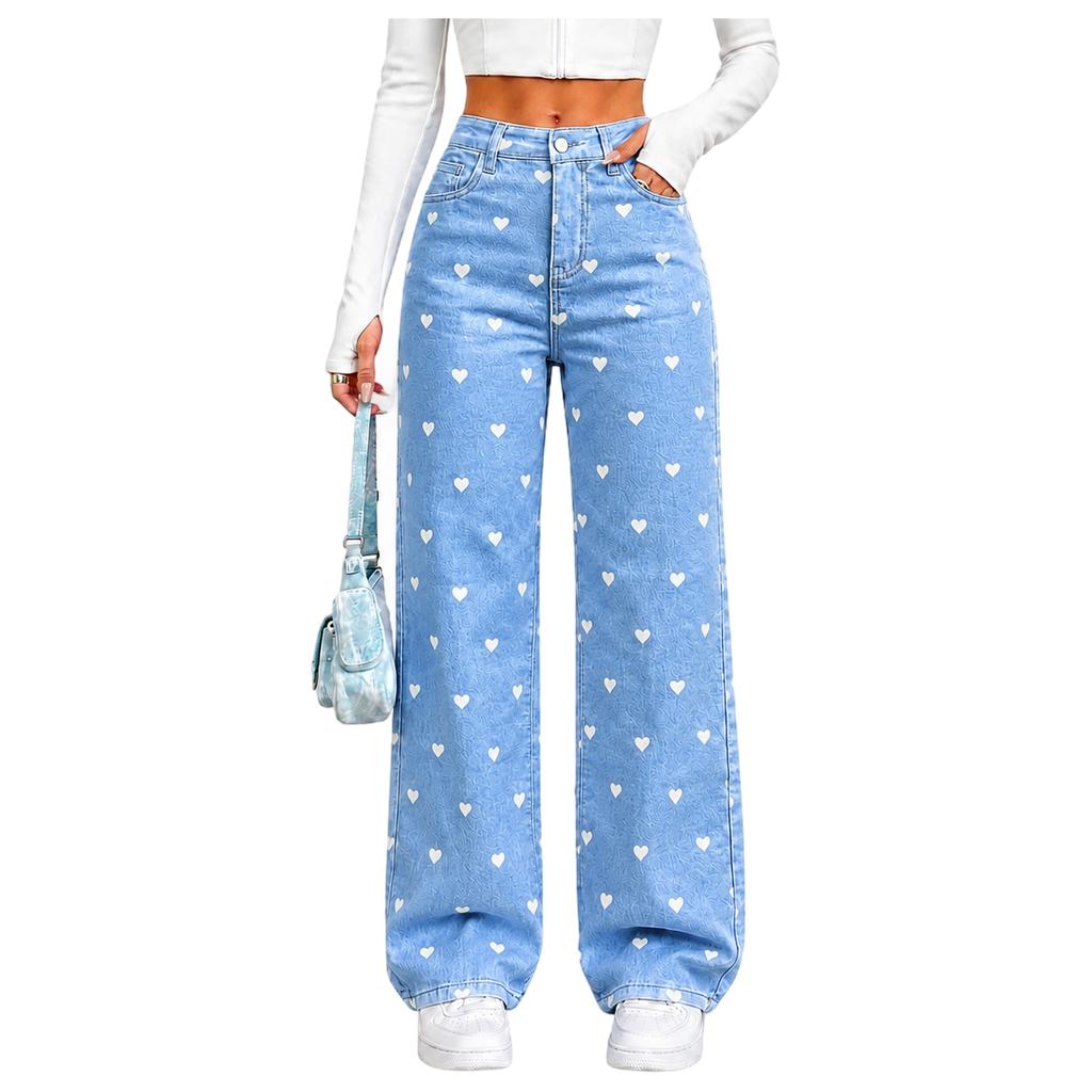 Jeans da Donna a Vita Alta Elasticizzati Slim Fit a Gamba Larga con Fantasia a Cuori per Uso Casual Quotidiano