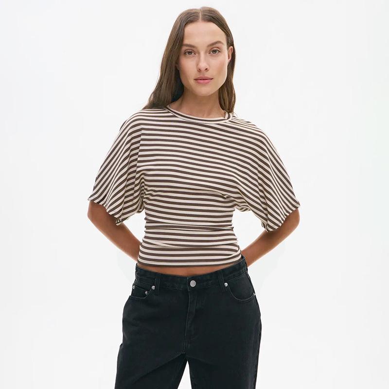 Q25TP400 Women's Slim-Fit Autumn Striped Round Neck Short Sleeve Top
