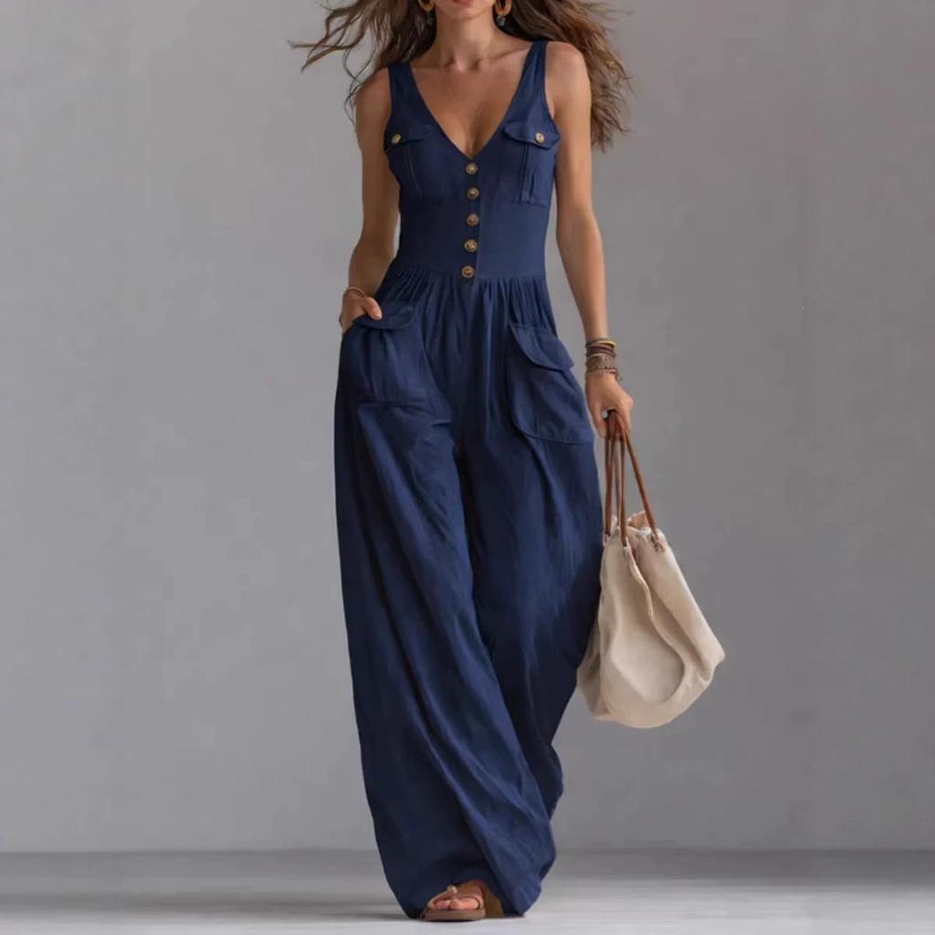 Women's Jumpsuits & Rompers - Summer Women V-neck Button Pocket Jumpsuit Casual Sleeveless Romper for Daily