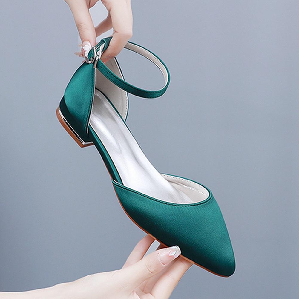 2 Cm Flat Heel Casual Pointed Toe Hollow Sandals Low Heel Light Mouth White Satin One-button Buckle Bride Wedding Shoes for Women