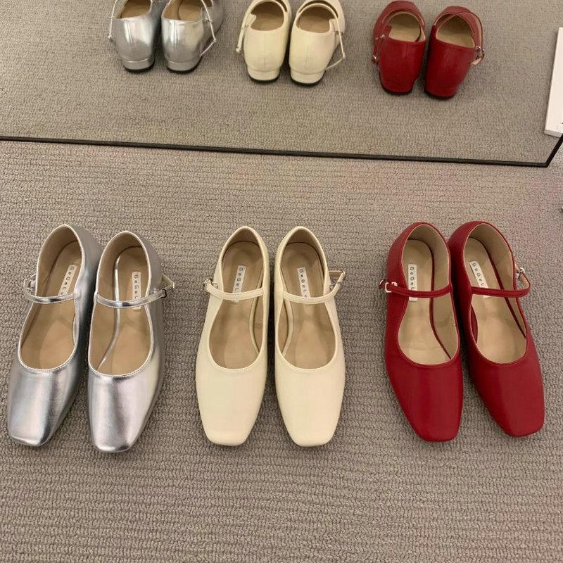 Fashion Flat Shoes for Women 2025 Spring and Autumn French Square Toe Silver Mary Jane Plus Size Women's Shoes Zapatos Mujer ladies