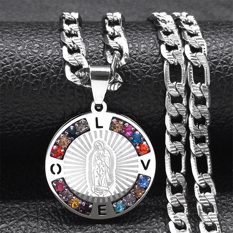 Virgin Mary Love Colorful Crystal Necklace Women Men Stainless Steel Gold Color Chains Our Lady of Guadalupe Necklaces Jewelry