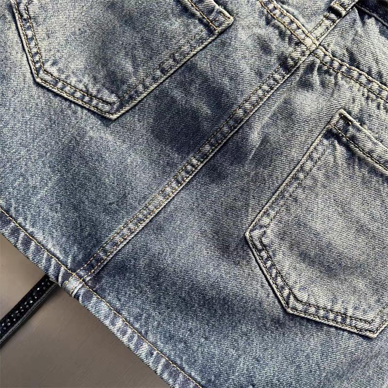 Damen Plus Size High Waist Jeansrock mit Strasssteinen - Retro Farbverlauf A-Linie Sommerrock