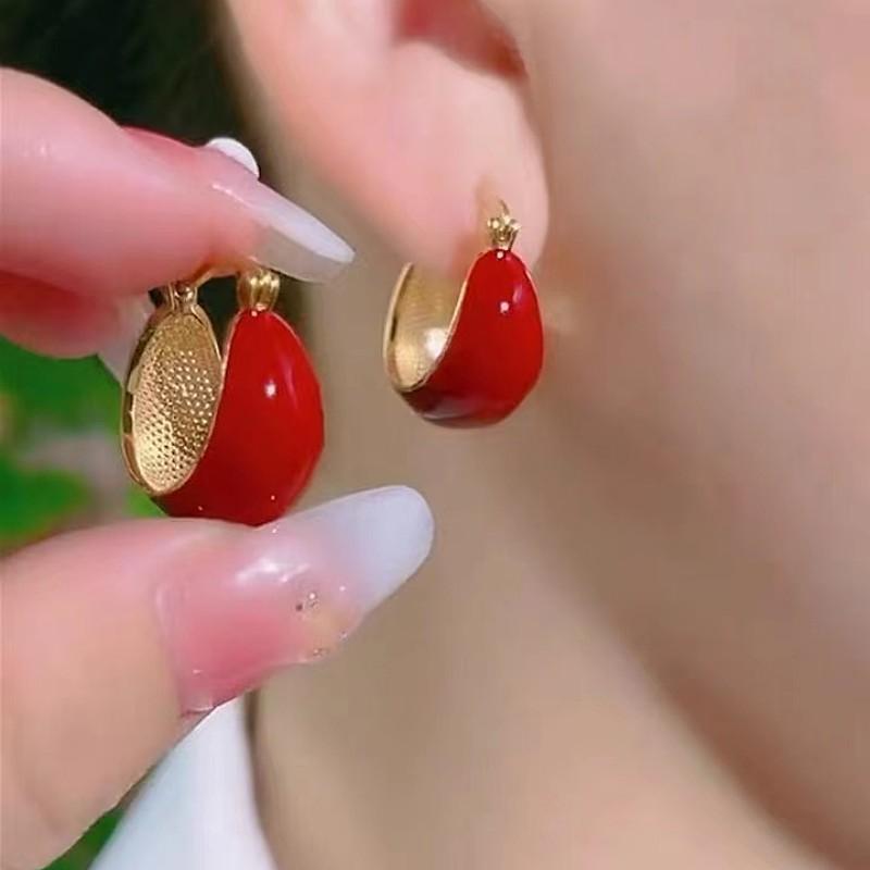 Fashion Temperament Sweet Flower Stud Earrings Women's Red Bow Flower Earrings Versatile Exquisite Daily Atmosphere Earrings