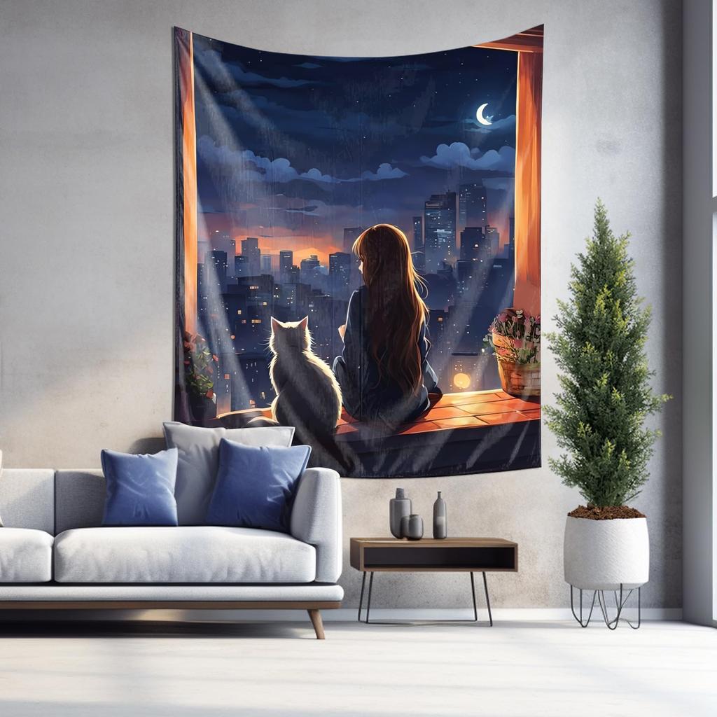 As Night Falls and the City Lights Twinkle  Decorative Hanging Tapestries