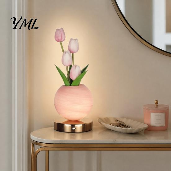 Modern Bedroom Lighting Tulip Ceramic Night Light, Gradient Color Artificial Flower Table Lamp, Rechargeable Eye Caring Reading Light Touch