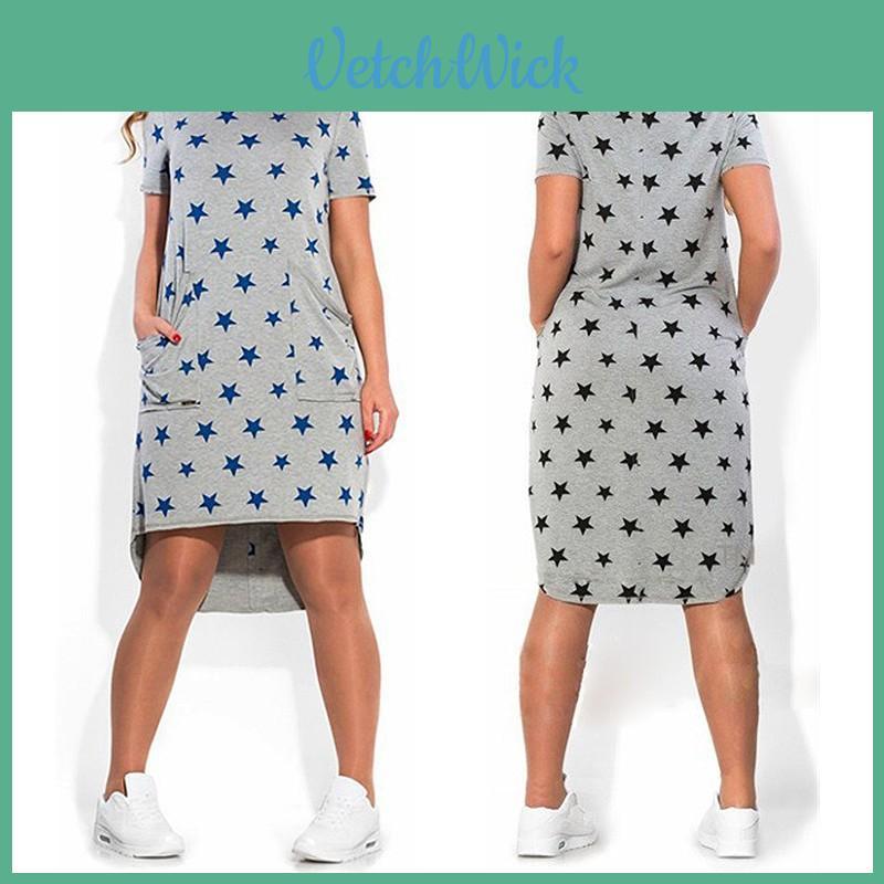 Summer Women Stars Printed Clothing Loose Fit Knee-length Casual Dress In Cotton Blend