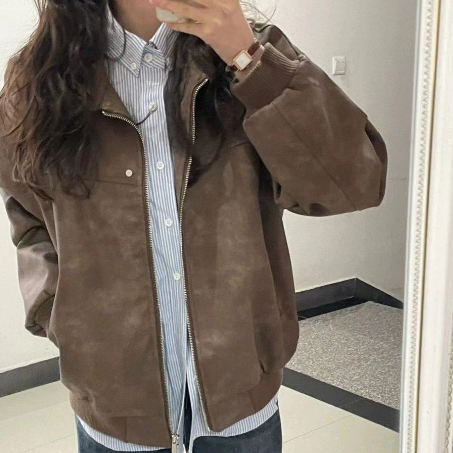 

Женская коричневая куртка в стиле ретро с лацканами - искусственная замша, весенне-осенний стиль L (Suggested for 52.5-60kg)