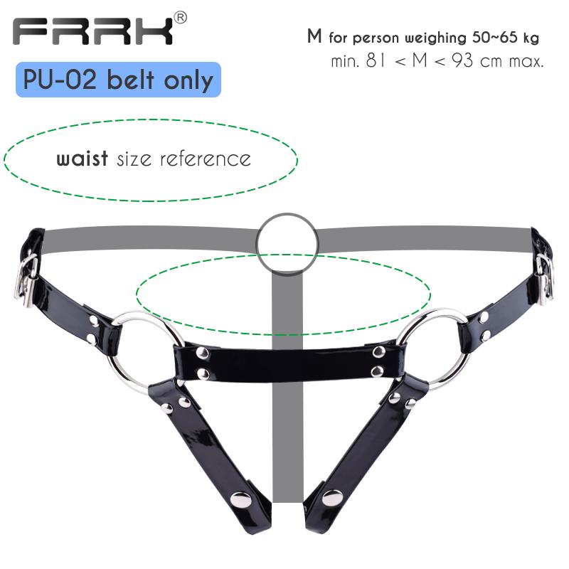 FRRK PU pásový postroj pro hráče BDSM Metal Chastity Cage v různých velikostech Sexy dospělí Intimní produkty Sexuální hračky Bondage