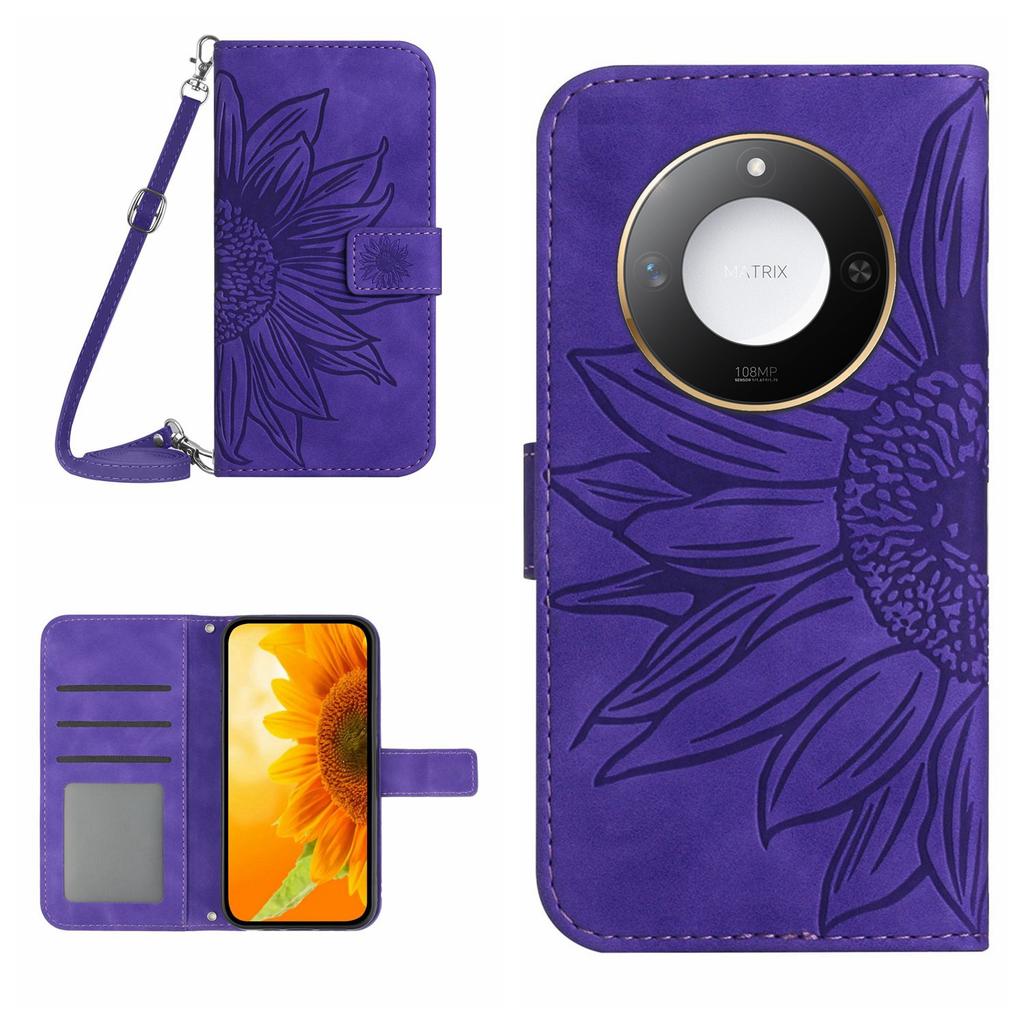 For Honor X9c Smart 5G Case Sunflower Imprint PU Leather Phone Cover with Long Strap
