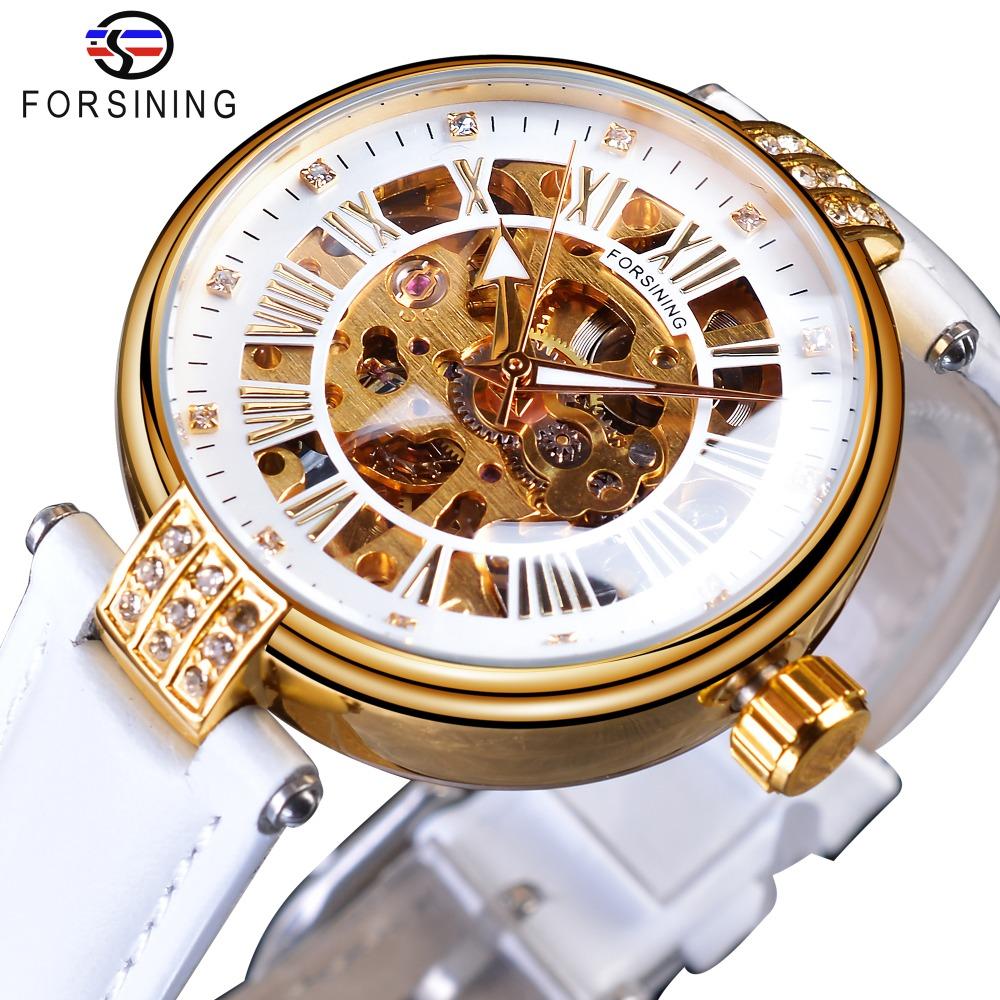 Für Forsining Damen Luxus Gold Skelett Armbanduhr Leuchtende Funktion 18mm Bandbreite Ovales Gehäuse Zeiger für Leder Kleid Mädchen