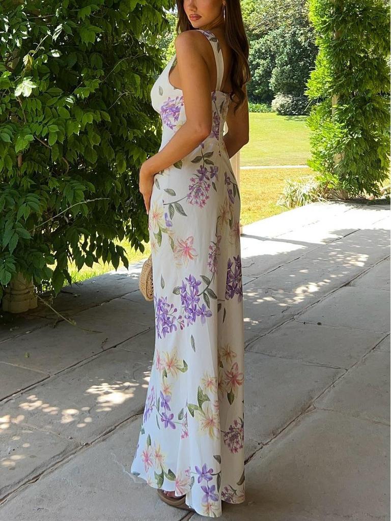 Summer Floral Maxi Dress with Spaghetti Straps - Elegant Flower Print