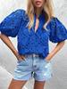 Top Estivo da Donna Moda Casual Manica a Lanterna Scollo a V Bottoni Ricamo Intrecciato in Pizzo Camicia