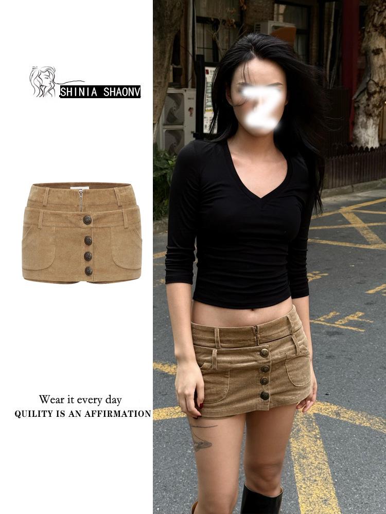 

Khaki Faux Two-Piece Corduroy Skirt Pants for Women - Slimming, Versatile, Sexy, Hip-Hugging Autumn/Winter Wear Small хаки