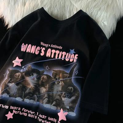 Koszulka damska Y2K Lata 90. Dziewczęca Harajuku Urocza Retro Gotycka Litera Punk Casual Nadruk Krótki Rękaw Oversize Top Odzież Gotycka